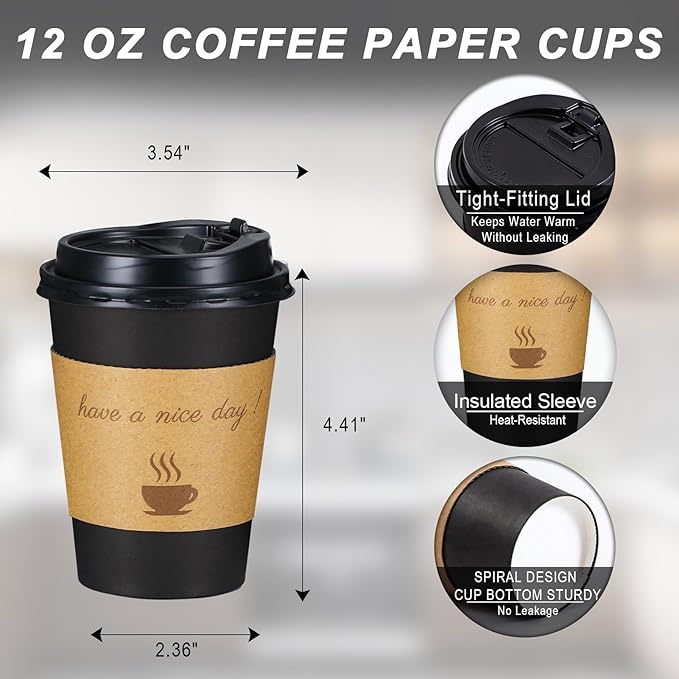 Lamosi 12 OZ Coffee Cups with Lids 500 Pack, Disposable Paper Hot Cups with Lids, Stir Sticks and Sleeves for TO GO Drinks and Hot Beverages