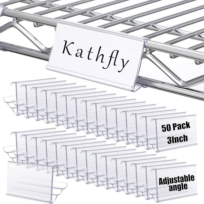 Kathfly 50 Pack Wire Shelf Label Holders Shelf Cable Tags for Wire Shelving 3 Viewing Angles 3" Adjustable Clear Plastic Rack Label Holder Retail Clips Compatible with 1-1/4in Metro Shelving