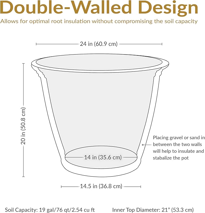 Sunnydaze 24-Inch Anjelica Large Plastic Pot for Plants - Double-Walled Outdoor Polyresin Round Planter Porch Pot with Drillable Drainage Holes - Rust - 4pk