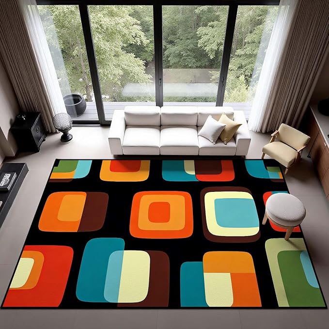 Mid Century Modern Rug, Colorful Abstract Geometric Area Rug, Retro Atomic Starburst Rugs, Washable Non-Slip Soft Low Pile 1950s Carpet for Living Room, Bedroom (10' x 16'(Rectangular))