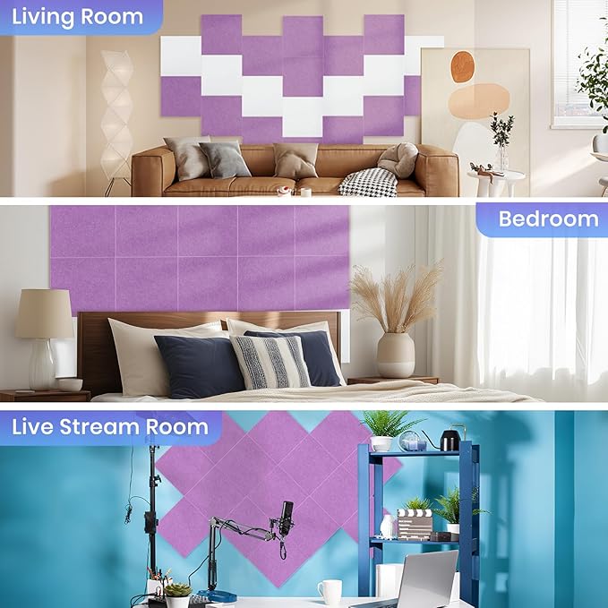 Focusound 18 Pack Sound Proof Panels for Walls, Self-Adhesive Acoustic Panels Sound Absorbing, 12" X 12" X 0.4" High Density Square Soundproof Wall Panels