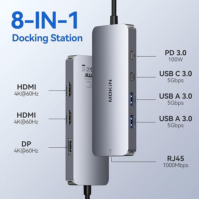 USB C Docking Station Dual HDMI, 8 in 1 Docking Station for 3 Monitors, USB HUB Triple 4K Display with 2 HDMI and 1 Displayport, 1 Gbps Ethernet, 100W PD Charging, 3 USB 3.0 Ports for Dell, HP, Lenovo