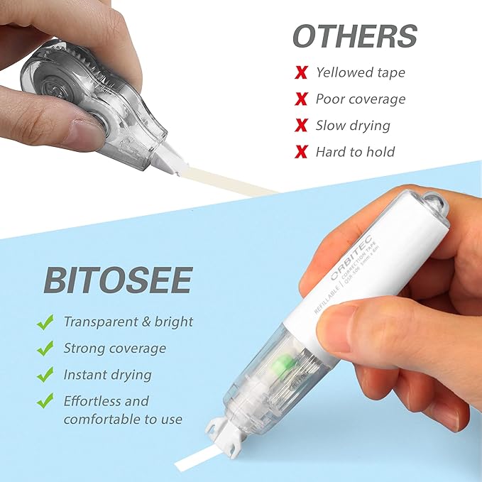 BITOSEE Refillable Retractable White Correction Tape, Mini Small Japan Aesthetic Cute Correction Tape Pen, with Easy to Refill Pen Applicator,for Kawaii School Office Supplies