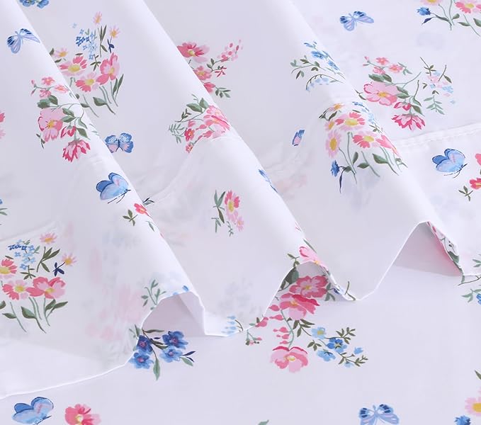RUVANTI 100% Cotton Full Size Bed Sheets, 4 Pieces, Soft & Breathable Percale Weave Bedding, Deep Pocket 16", Hotel Standard, Crisp Cool Feel, Durable, Perfect Sheet Set Floral, Funa Flora