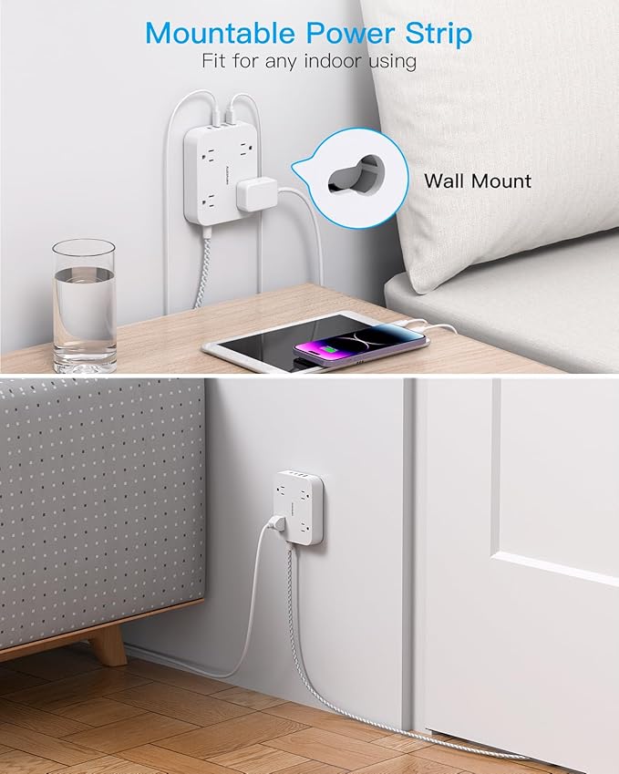 Flat Extension Cord 3 Ft, HANYCONY Power Strip with 4 USB Ports(2 USB C), 4 Widely Outlets Extender, Wall Mount, Desk Charging Station for Office, Travel and Dorm Room Essentials, ETL Listed