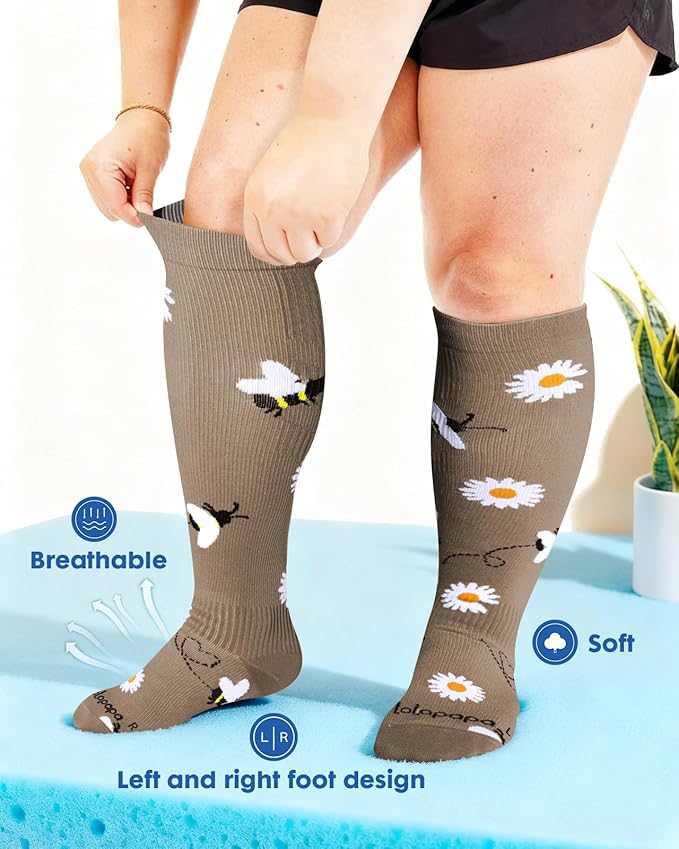 Wide Calf Compression Socks for Women - 3-Pair Plus Size 20-30mmHg Ankle Support Easy on off Socks for Travel Nurse