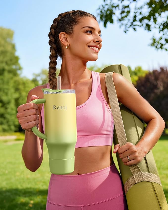Renoj Tumbler with Handle 100% Leak Proof Insulated Water Bottle for Iced Coffee & Hot Drinks - Fits Car Cup Holder, Ideal Gift, 2 Straws & Silicone Boot BPA-Free - SnapShift Green Gradient 32 oz