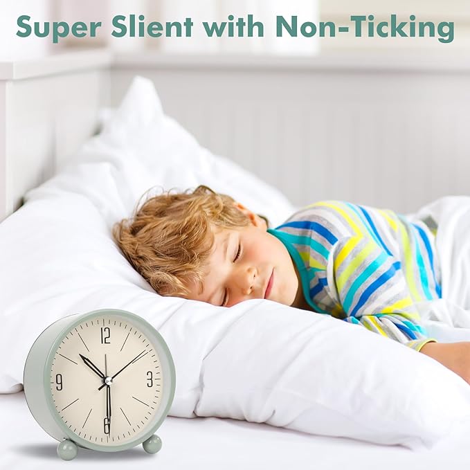 Blusaryme Analog Alarm Clock - 4 Inch Super Silent Non-Ticking, Battery Operated Small Clock with Night Light, Elegant Bedside Desk Clock for Bedroom, Living Room, Office, Student Gift