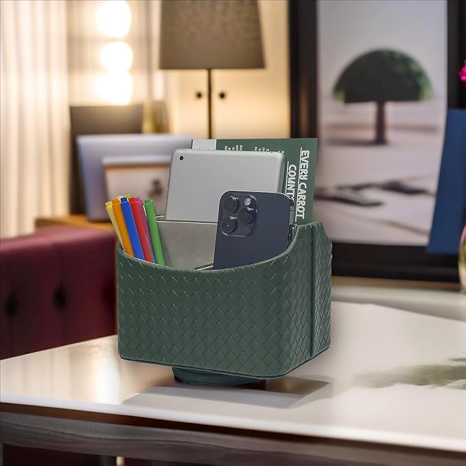 UnionBasic Rotating Desk Organizer, 360 Degree Desk Spinning Caddy, Desktop TV Guide/Mail/Media/Remote Controller Holder Organizer, Woven Green