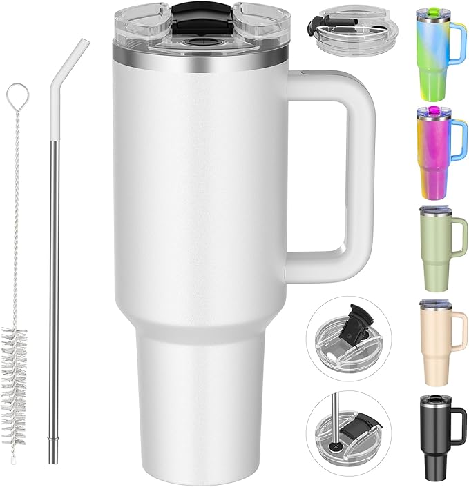 40 oz tumbler with handle and straw,Double Wall Vacuum Reusable Stainless Steel Insulated Water Bottle,With Leak Proof lid and Straw for Iced or Cold Beverages (White)