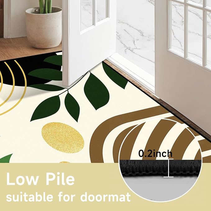 Modern Abstract Rug Geometric Area Rug Boho Green Leaf Floor Mat Soft Washable Carpet for Entryway Bedroom Living Room Kitchen Home Decor 3'x5'