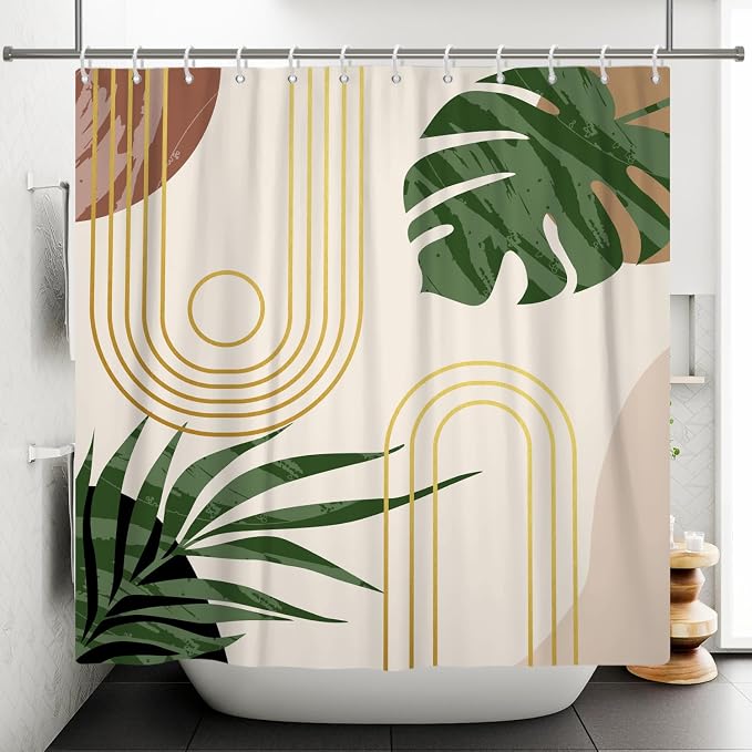 Boho Sage Green Shower Curtain Bohemian Mid Century Geometric Abstract Curve Bathroom Curtain Palm Leaf Polyester Shower Curtain Sets for Bathroom Extra Long 60x72 in with 10 Hooks