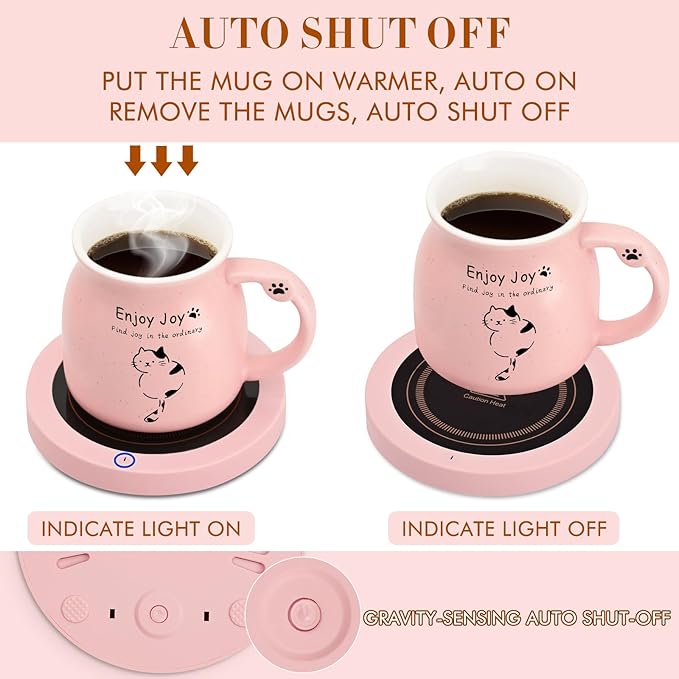 Coffee Mug Warmer, Cute Cat Mug Set, Coffee Cup Warmer for Desk, Gifts for Women, Pink Heated Coffee Warmer for Mom Home Office Christmas Birthday Gifts