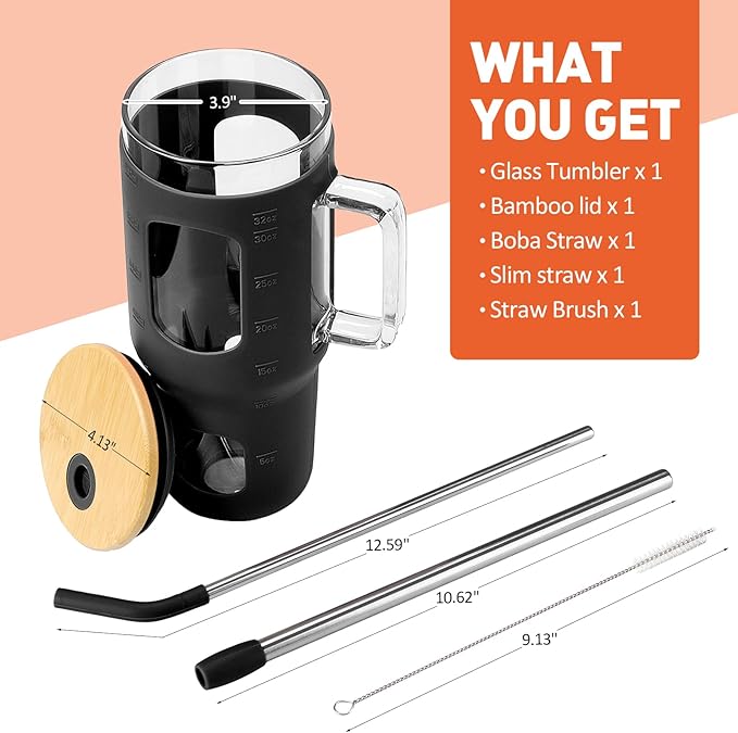 Glass Tumbler with Lid, 32 oz Glass Cup with Handle, Glass Water Bottles with Time Marker, 2 Straws - Pearl Straw & Silicone Protective Sleeve - Black