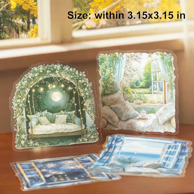 AuriicLeaf Window Scenery PET Sticker Set, 60Pcs Large Landscape Stickers for Scrapbooking, Journaling, Junk Journal Supplies, and DIY Crafts