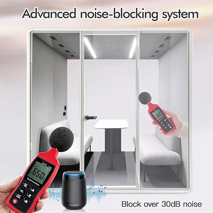 Soundproof Office Pod Booth, Quiet Meeting Pod with Sound Insulation Panels, 4 People Sound Proof Phone Booth with Desk, Movable Working Booth for Private Phone Calling, L Size H92in W92in D70in