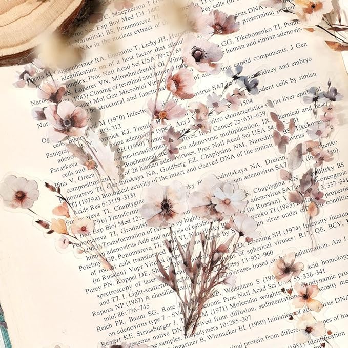 120 Pieces Vintage Transparent PET Floral Stickers for Journaling, 4 Styles Watercolor Flower Set, Decorative Sticker for Scrapbooking, Junk Journal Supplies, Collage