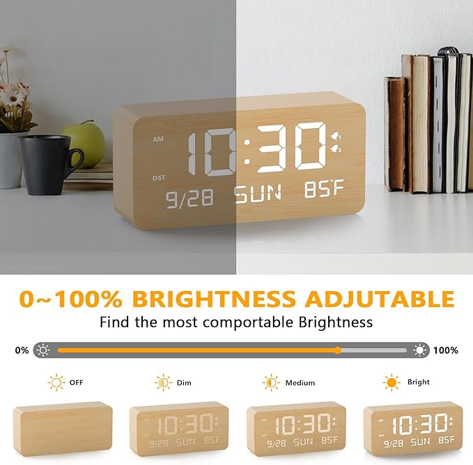 Fomobest Wooden Digital Alarm Clock for Bedroom -Desk Clock with Date, Day of Week, Temperature, Dual Alarms, Dimmer, USB Port Charge, DST, Adjustable Volume for Living Room/Office Wood Decor (Bamboo)