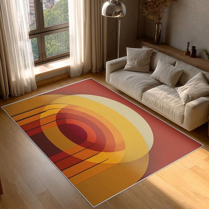 Mid Century Modern Rugs for Home Decor, 3x5 ft, Abstract Circle Area Rugs for Living Room, Soft Non Slip Washable Retro 70s Geometric Carpet Bedroom Decorations Dt-Ghf-69