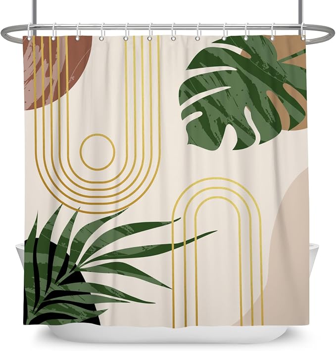 Boho Sage Green Shower Curtain Bohemian Mid Century Geometric Abstract Curve Bathroom Curtain Palm Leaf Polyester Shower Curtain Sets for Bathroom Extra Long 72x72 in with 12 Hooks