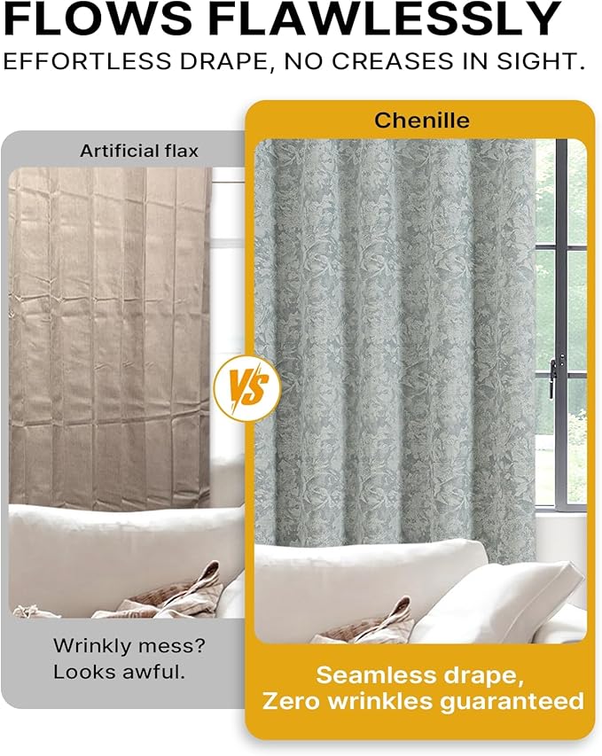 Chenille Floral Blackout Curtains 84 Inch Length 2 Panels Set - Bedroom Living Room Darkening Thermal Insulated Black Out Window Treatments Grommet Jacquard Drapes 52 Inch Wide Blue