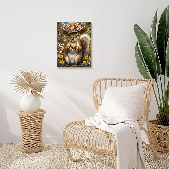 Western Squirrel Wall Art, Squirrel Peanut Pictures Wall Decor, Country Rustic Animal Canvas Prints, Forest Flower Painting, Framed Artwork for Bathroom Living Room Bedroom Dining Room 20"X16"