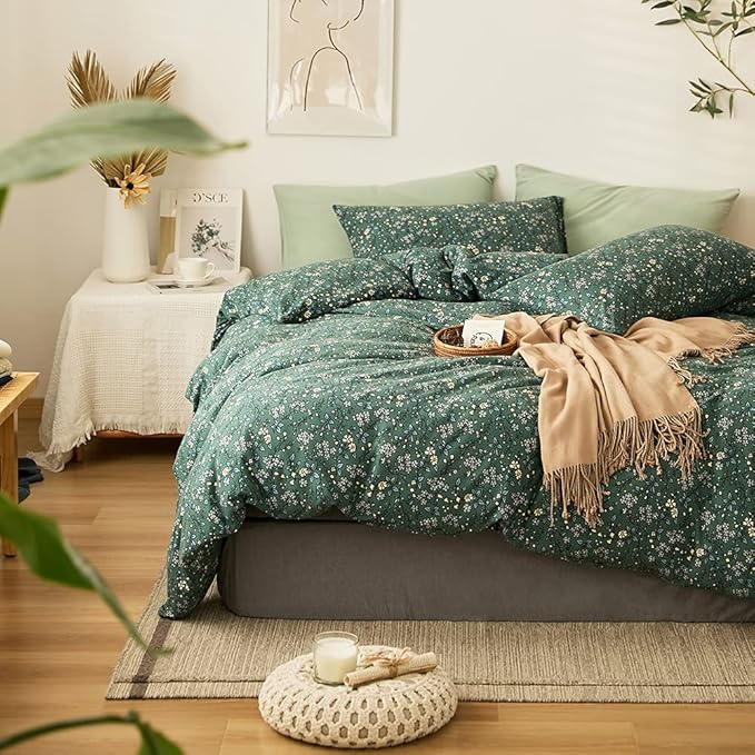 LifeTB Green Floral 100% Jersey Knit Cotton Duvet Cover Queen Vintage Style Botanical Floral Bedding Set Chic Shabby Green Floral Comforter Cover Girl Women Flower Bedding Cover with 2 Pillowcases