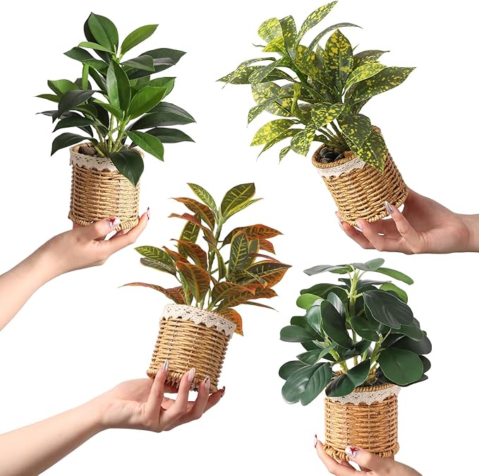 Nubry Fake Plants Artificial Potted Plants with Weaved Pot for Shelf & Table Desk | Perfect for Home Office Bathroom Farmhouse Room Coffee Table Decor 10‘’