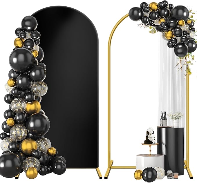 Metal Arch Backdrop Stand and Cover Set 7.2 ft, Wedding Arch Stand with Black Cover for Party, Birthday, Wedding, Bridal Shower, Baby Shower (Black, 7.2 ft)
