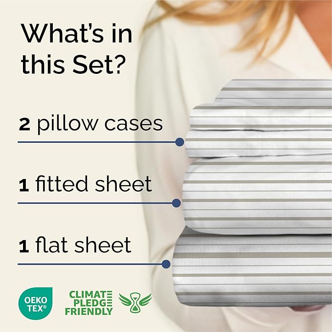Striped Sheets - Light Grey & White Striped Sheets - 1 Flat & 1 Fitted & 2 Pillowcases w/ Deep Pockets – Wrinkle & Fade Free - Soft Breathable & Cooling – Luxury Pinstripe Bedding - Queen Size Bed Set