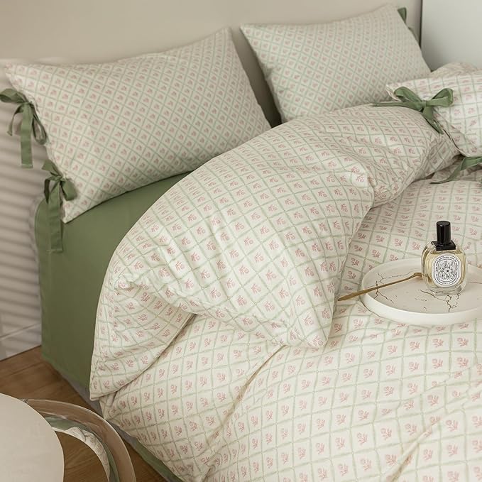 LifeTB Pink Floral Comforter Set Queen Plaid Grid Cute Flower Comforter 3 Pieces Cottagecore Bedding Comforter Aesthetic Flowers Boho Comforter with 2 Bowknot Pillowcases Farmhouse Bedding Set