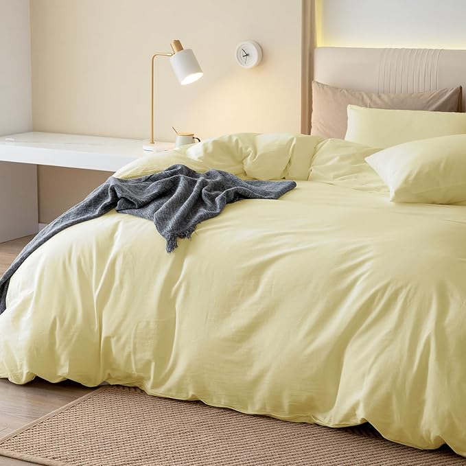 JIYUAN 100% Washed Cotton Duvet Cover Set 3 Pieces Cal King, 1 Duvet Cover 104x98 Inches(Comforter Not Included) and 2 Pillowcases,Linen Feel Bedding Set Comfy and Breathable,Light Yellow