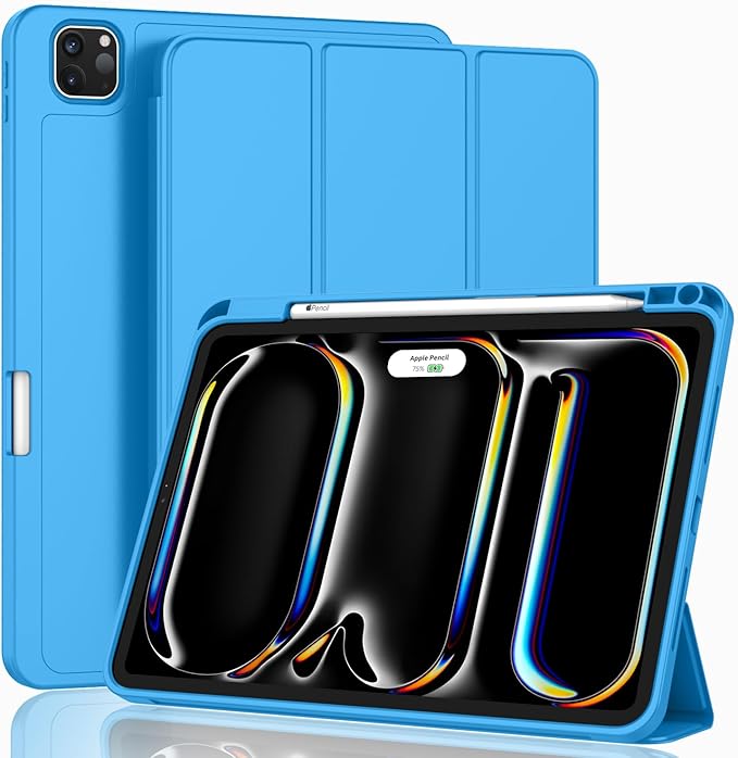 ZryXal iPad Pro 11 Inch Case (M5) 2025/ (M4) 2024 (Model: A2836/A2837/A3006), Trifold Stand Smart Cover with Pencil Holder and Soft TPU Back, Auto Wake/Sleep (Ocean Blue)