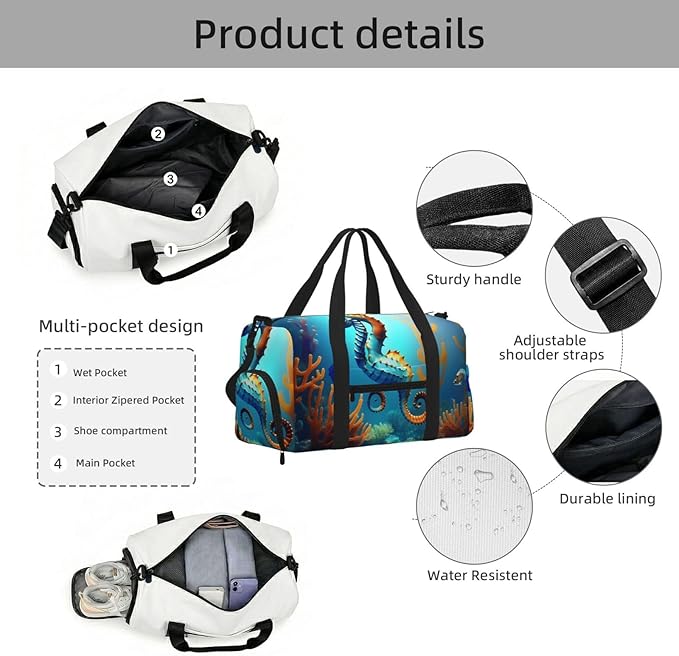 Seabed coral seahorse Print Gym Bag with Shoe Compartment for Women Men, 17.7in Sports Duffle Weekender Tote, Overnight Travel Duffel Bag Carry On