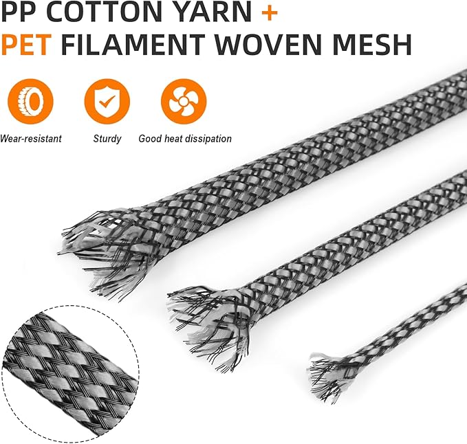 Braided Expandable Cable Sleeve, 25ft PP Cotton and PET Braided Cable Management, Flexible Mesh Wire Loom and Cable Protector for TV, Computer, Home Theater, Automotive (Grey, 1/8")