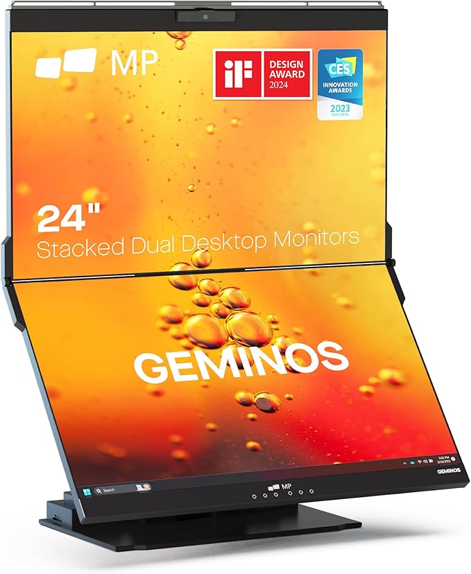 Mobile Pixels Geminos, Dual 24" IPS Stacked Computer Monitors with 65W USB-C Charging, with Adjustable Viewing Angle and 1080p Webcam and 3W Speakers, Multiport Docking Station (Desktop Monitor)