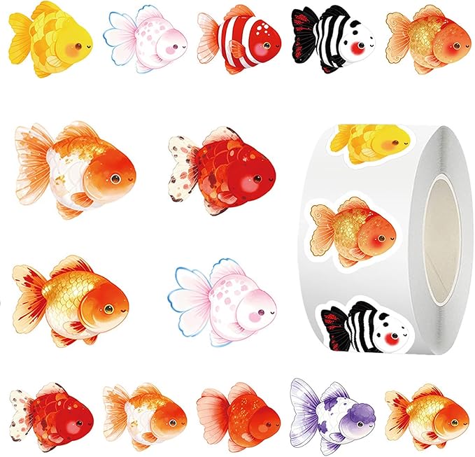 500 Pcs Goldfish Stickers Roll, 10 Styles Cute Cartoon Goldfish Stickers for Teens, Waterproof Vinyl Stickers for Journal Scrapbook, Party Favors, Classroom Rewards, Laptop & Water Bottle Decal