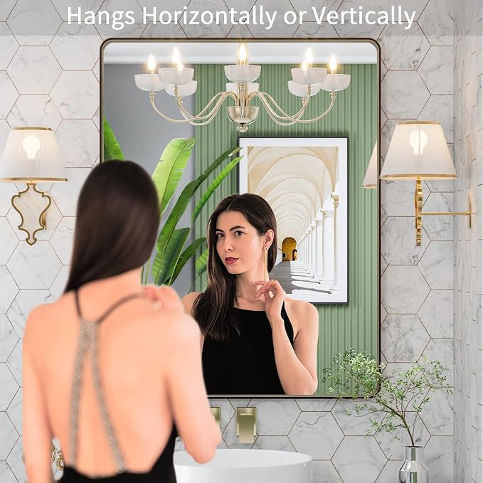 LOAAO 28”X36” Bronze Bathroom Mirrors for Vanity, Rounded Rectangle Brushed Bronze Metal Frame Mirror, Anti-Rust, Hangs Horizontally or Vertically