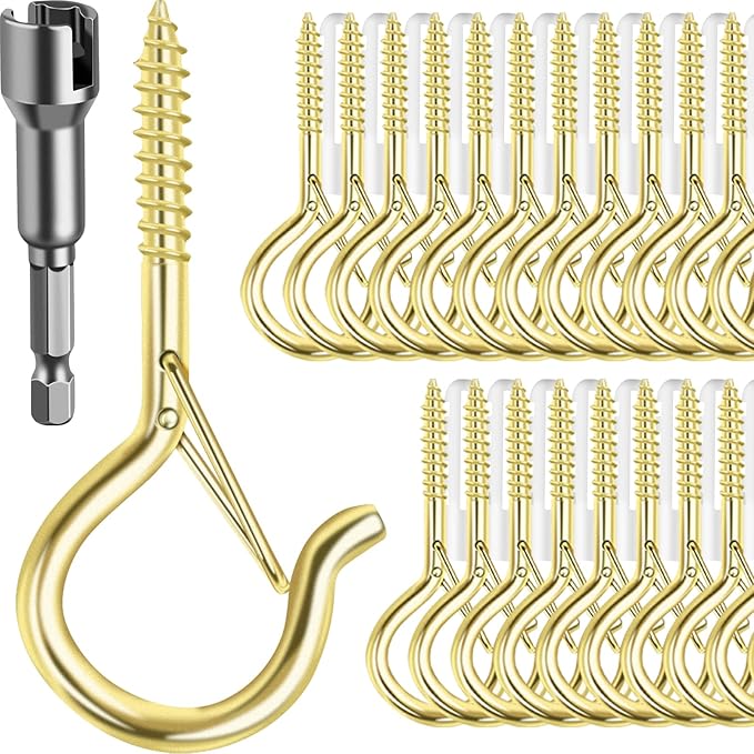 50 Pack Screw-in Hooks for Outdoor String Lights, Q Hanger Hooks for Outside, Swivel Hanging Basket Patio Hook with Safe Buckle, Plant Eye Hook for Wall Ceiling with 1 Wing Nut Driver, Gold