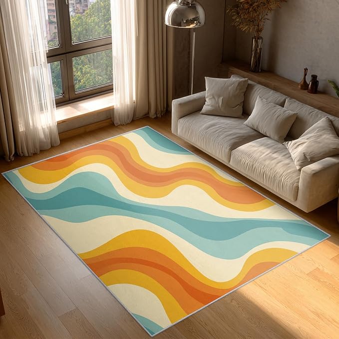 Retro Wavy Rugs for Home Decor, 3x5 ft, Abstract Waves Area Rugs for Living Room, Soft Non Slip Washable 70s Groovy Carpet Bedroom Decorations Dt-Ghf-69