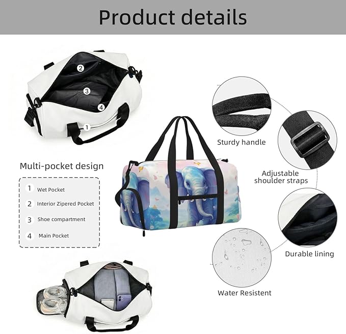Sports Gym Bag Pink Cloud Cute Elephant Flowers Travel Duffel Bag With Shoe Compartment Shoulder Strap, Lightweight Water-Resistant Weekend Overnight Totes For Women Men