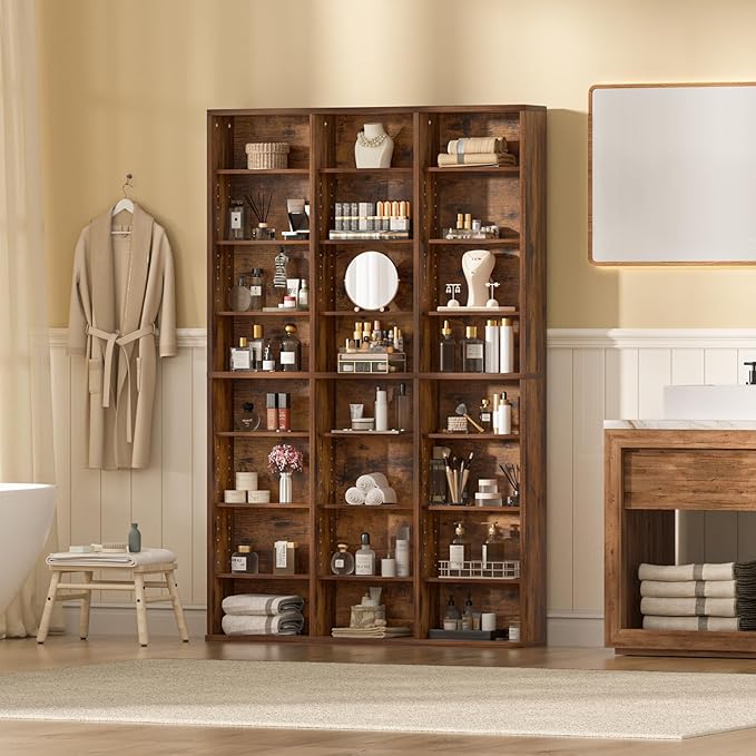 LELELINKY 8 Tier Tall Display Cabinet, Brown Media Storage Cabinet with Adjustable Shelves, Free Standing DVD Organizer Shelf, Floor Multimedia Storage Manga Bookshelf for Living Room & Home Office.