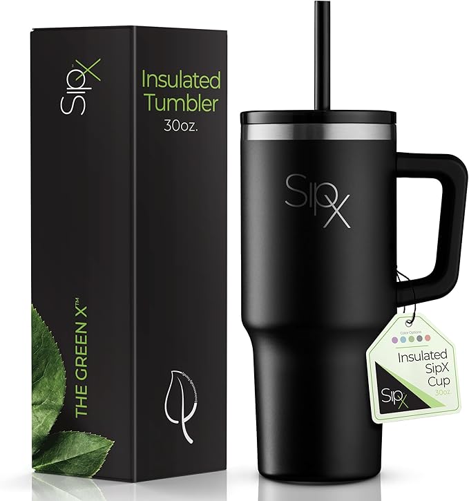 SIPX™ 30 oz Insulated Tumbler with Handle & Straw – Vacuum Insulated Stainless Steel, Leakproof, Cupholder Friendly – Perfect for Iced Coffee, Water & Travel – Black