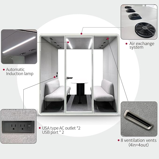 Soundproof Office Pod Booth, Quiet Meeting Pod with Acoustic Panels, Portable Modular Pod, Privacy Booth for Private Phone Calling, 4 People Personal Workspace with Sound Isolation H92in W91in D71in