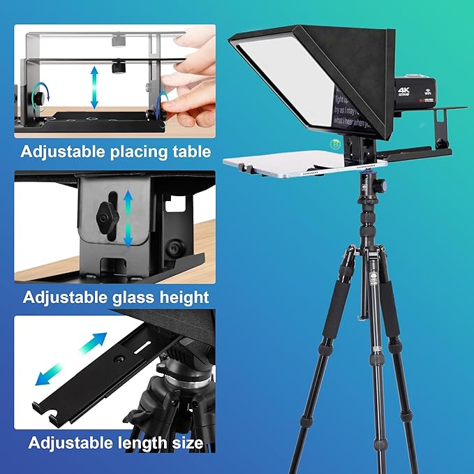 i2/12-inch professional teleprompter, tempered optical glass, all-metal structure, equipped with remote control and dedicated app, compatible with a wide range of devices