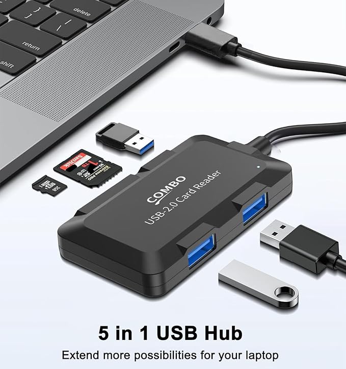 5 in 1 USB Hub with SD/TF Card Reader, USB Extender with 3 USB-A Ports for Laptop, PC, Desktop, Mouse, Keyboard, Projector and More(Black/3.3FT Cable)