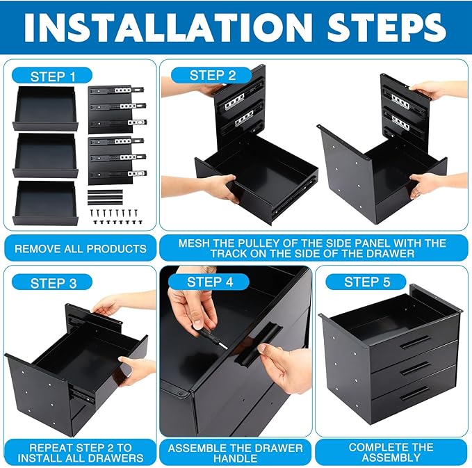 Menkxi 16 Inch Slide out Under Desk Drawer 3 Layer Pull out Desk Organizer Storage Metal Mounted Sliding Hidden Under Counter for Writing Office Sit Stand Workstation, Vertically Stacked, Black