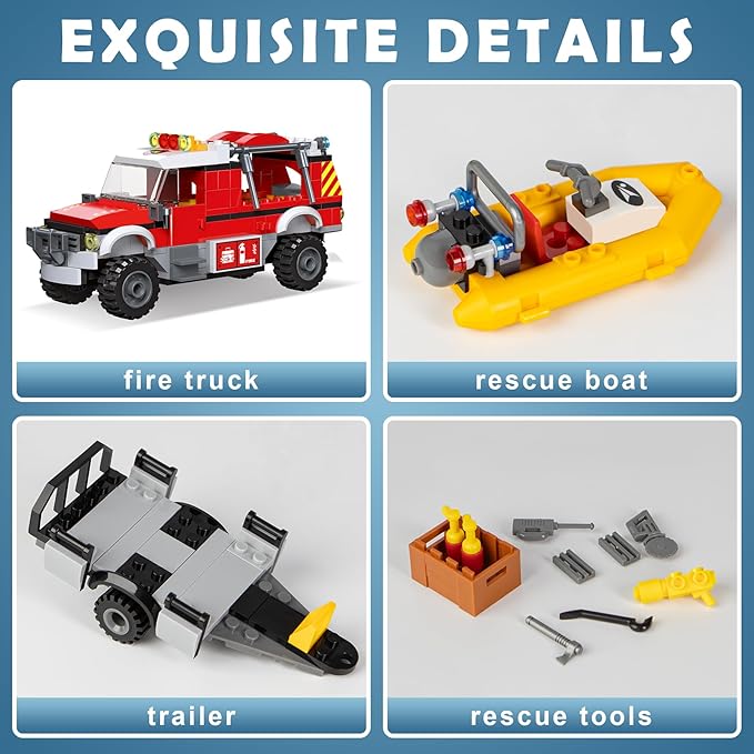 City Fire Truck Building Set with Rescue Boat Building Blocks - Educational Playset for City Fire Rescue - Birthday Christmas Building Blocks Gift Idea