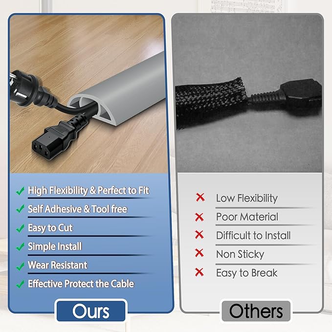 Floor Cord Cover for Wires on Floor Self Adhesive Cord Hider Floor Cable Management Wire Covers for Cords Protector Prevent Cable Trips Cord Cavity W 0.51" x H 0.31", Gray, 3.3Ft
