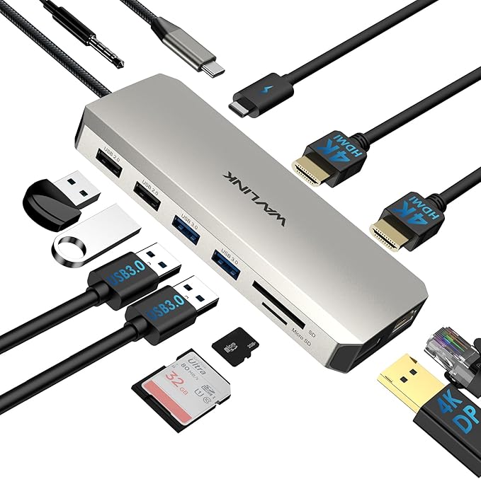 WAVLINK USB C Laptop Docking Station Dual Monitor for Dell/Lenovo/HP/XPS, USB-C Hub Multiport Adapter Dongle Dock with 2 HDMI, DisplayPort, Ethernet Hub, 85W Power Delivery, SD Card Reader, Audio
